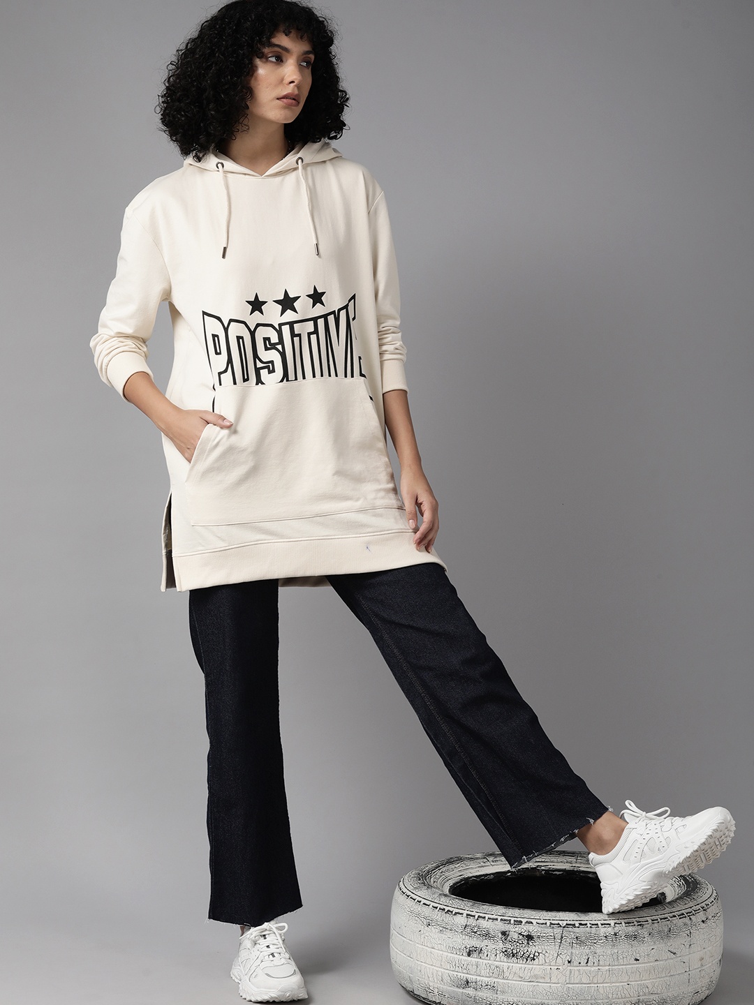 

The Roadster Lifestyle Co. Typography Printed Side Slits Longline Hooded Sweatshirt, Cream