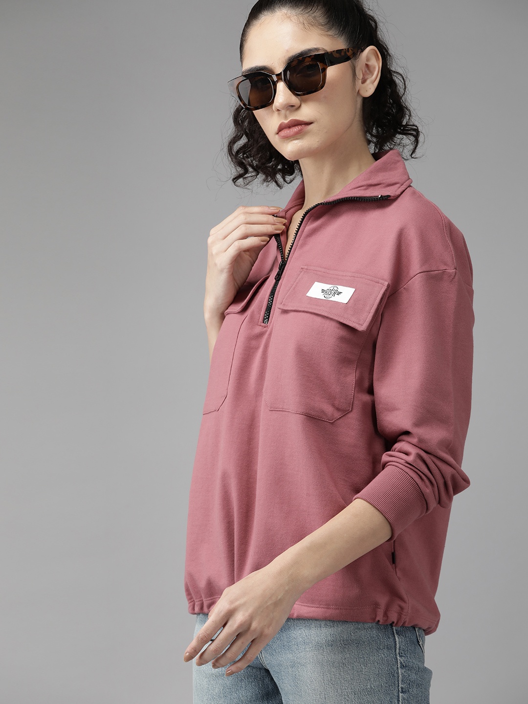 

The Roadster Lifestyle Co. Pocket Detail Drop Shoulder Sleeves Half Zipper Sweatshirt, Rose