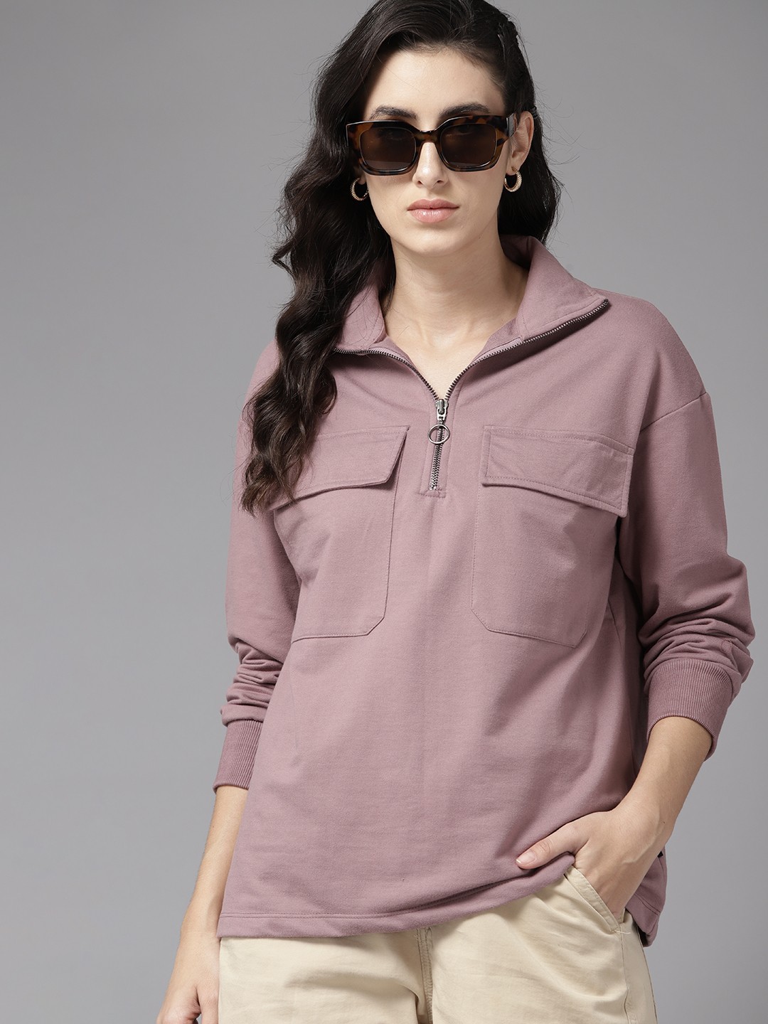 

The Roadster Lifestyle Co. Half Zipper Oversized Pockets Sweatshirt, Mauve