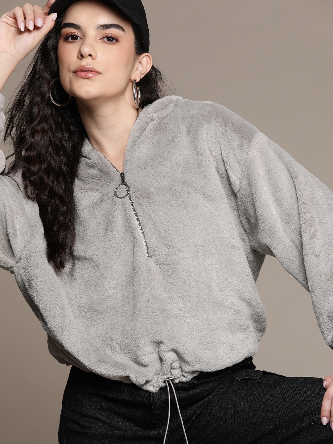 

The Roadster Lifestyle Co. Faux-Fur Detail Oversized Hooded Sweatshirt, Grey