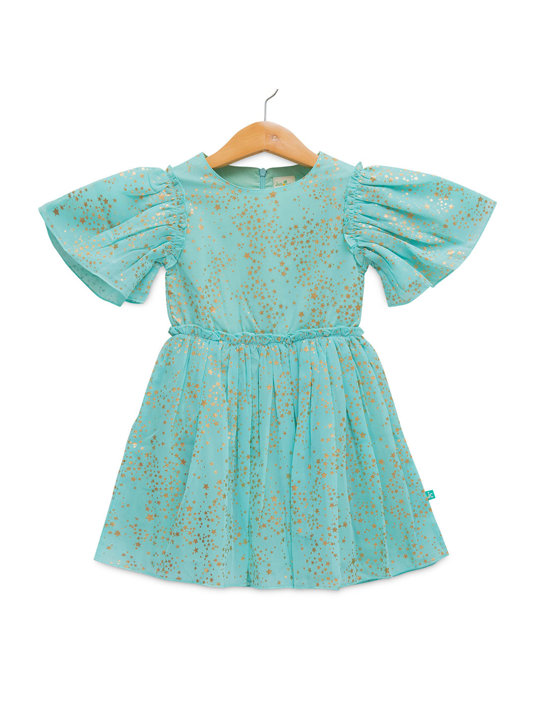 

JusCubs Girls Geometric Printed Flared Sleeve Crepe Fit & Flare Dress, Green