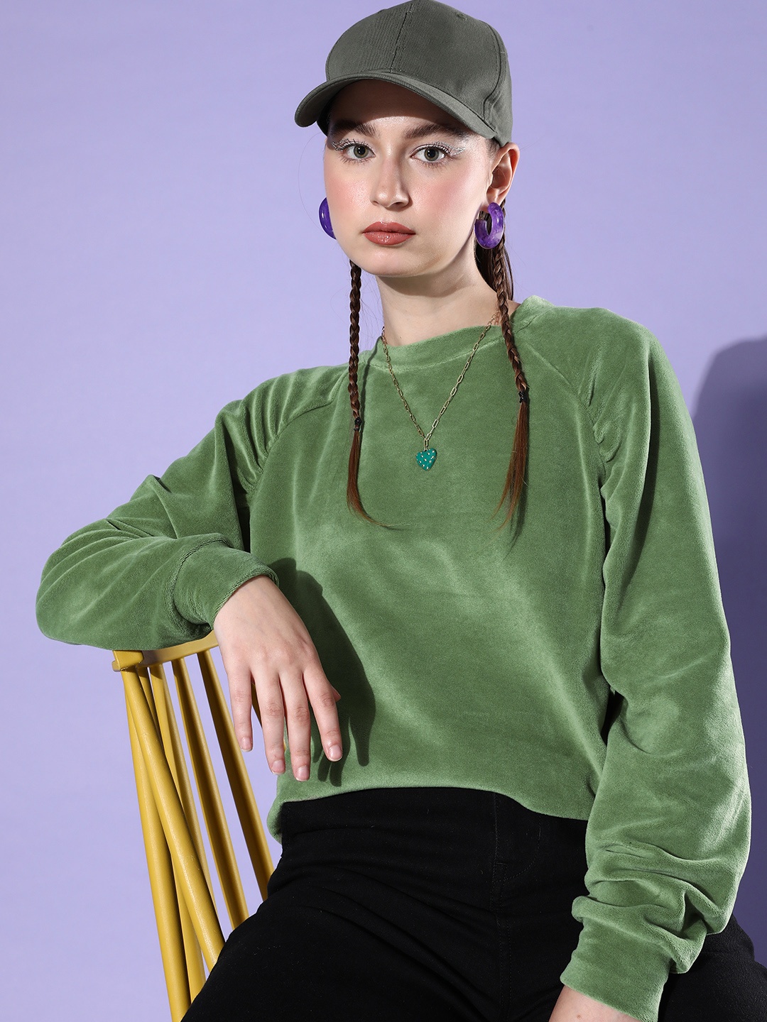 

The Roadster Life Co. Ruching at the sleeves Frosty Winters-Velvet Vixen Sweatshirt, Green