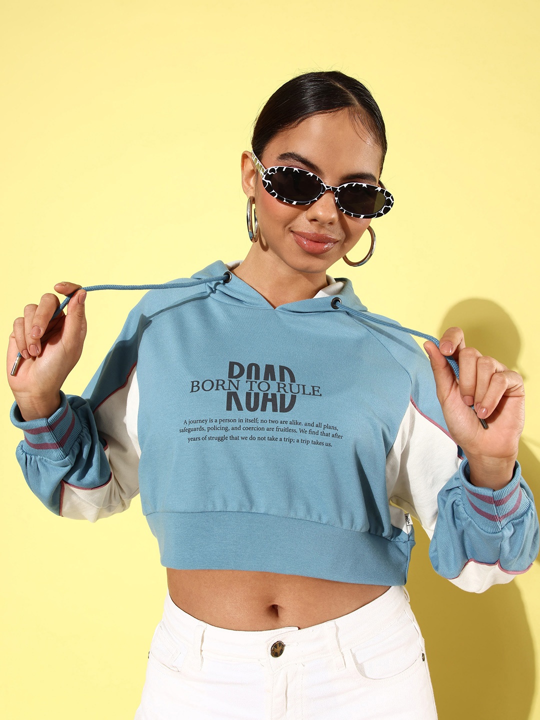 

The Roadster Life Co. Printed Hooded Crop Sweatshirt, Blue