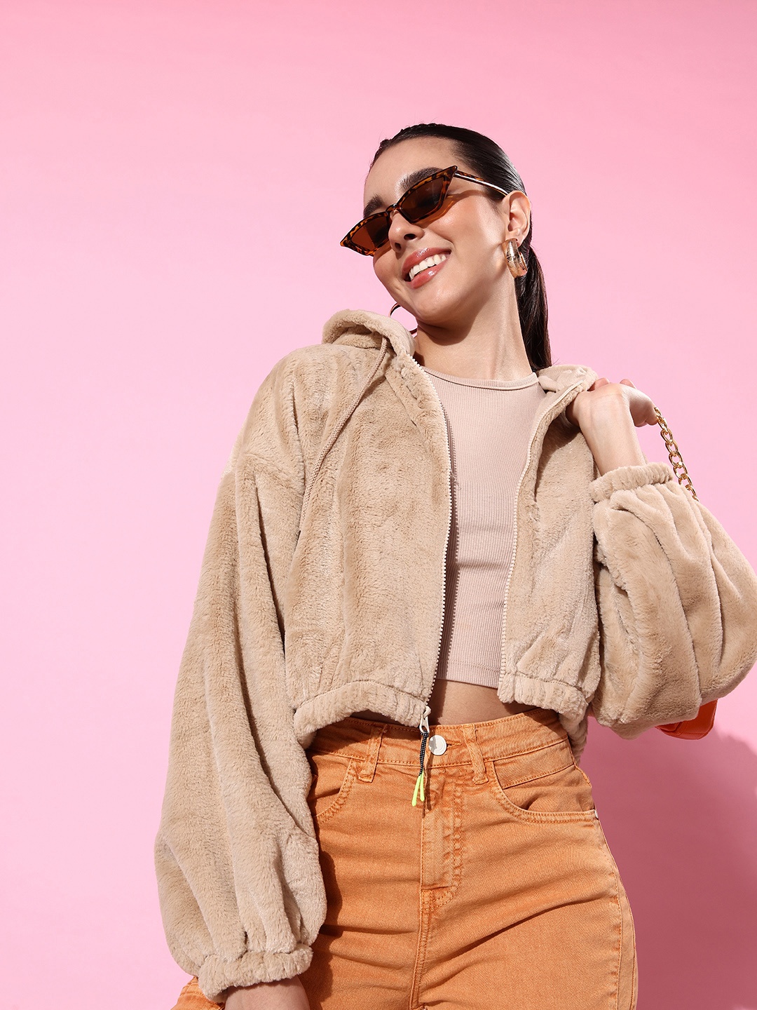 

The Roadster Life Co. Solid Hooded Fur Crop Sweatshirt, Beige