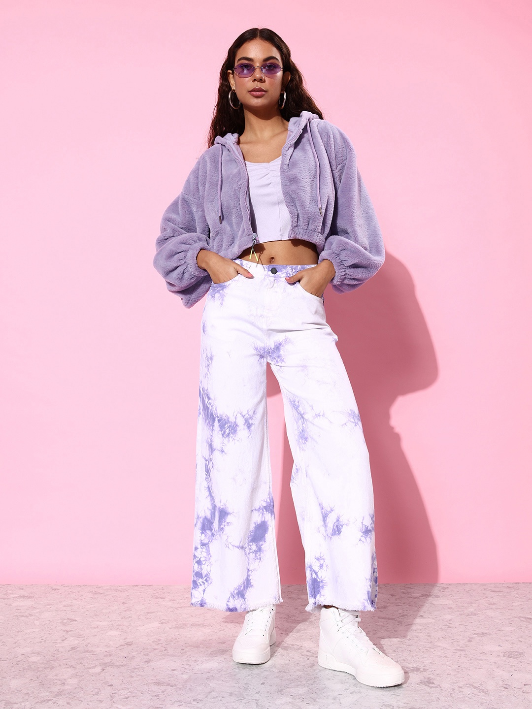 

The Roadster Life Co. Solid Front-Open Crop Fur Hooded Sweatshirt, Lavender