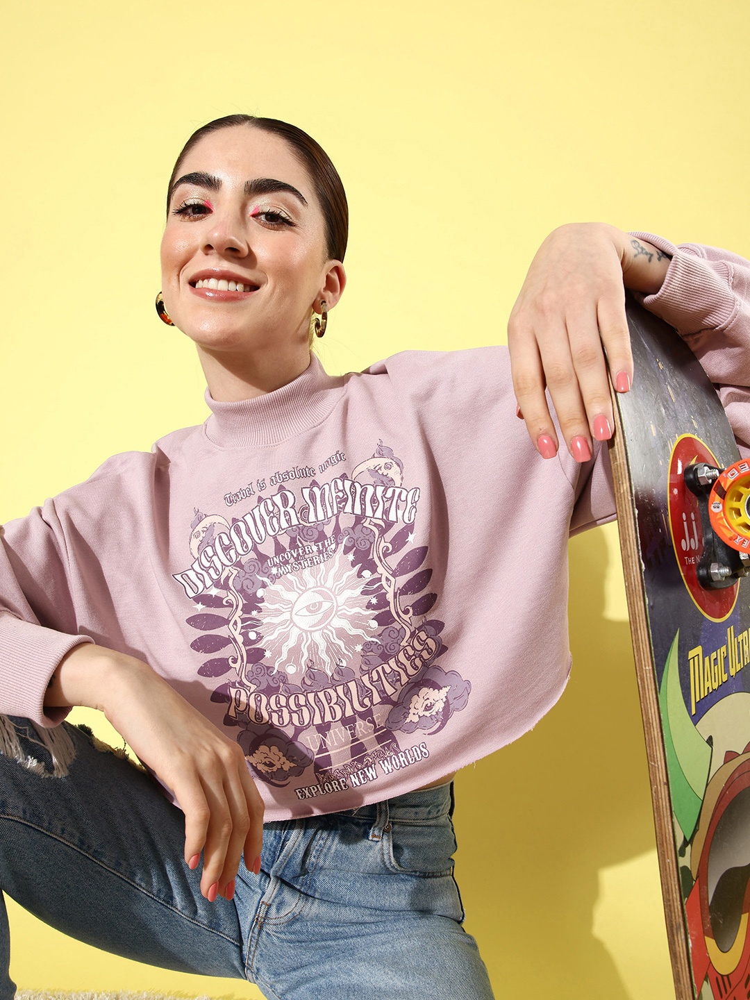 

The Roadster Lifestyle Co. Women Printed Crop Sweatshirt, Mauve