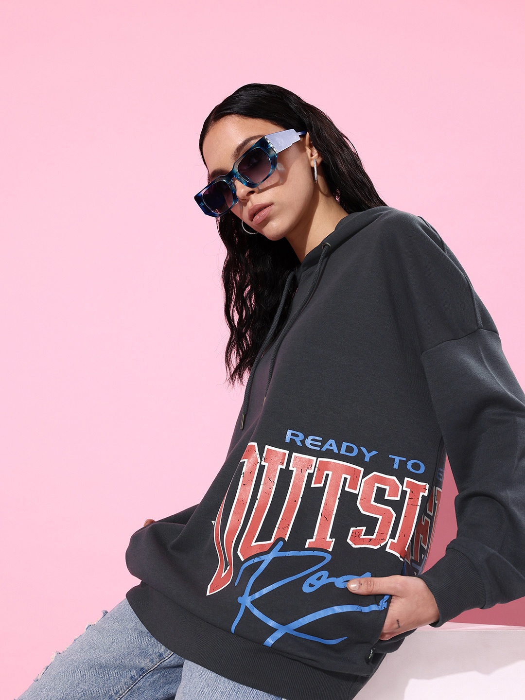 

The Roadster Life Co. Graphic Printed Hooded Sweatshirt, Charcoal