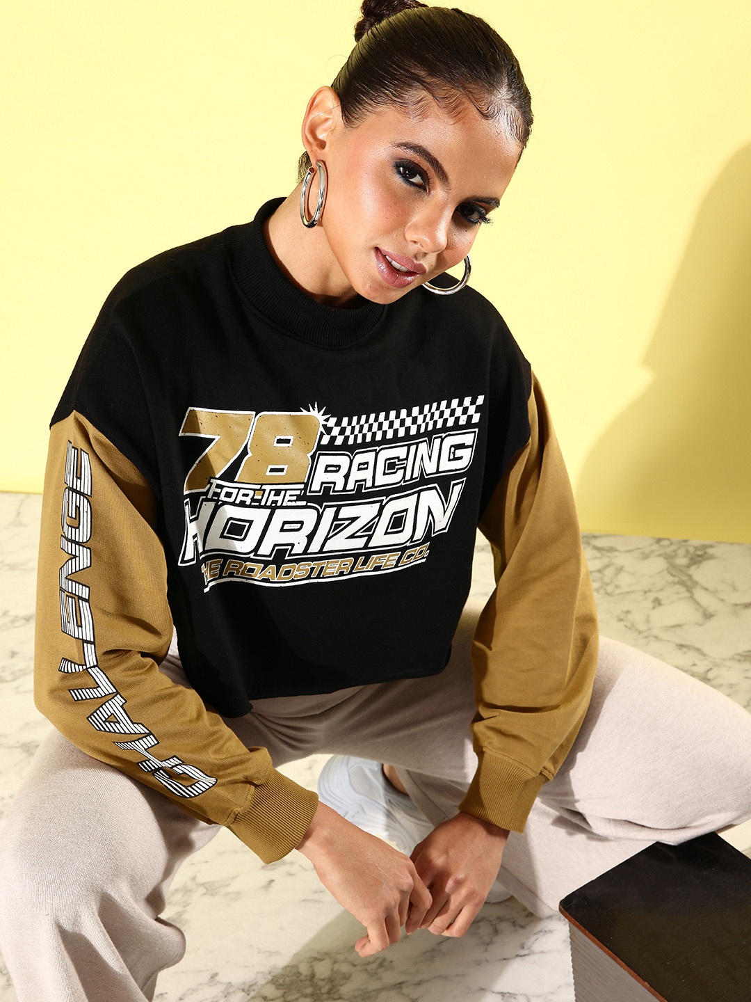 

The Roadster Life Co. Graphic Printed Cropped Sweatshirt, Black