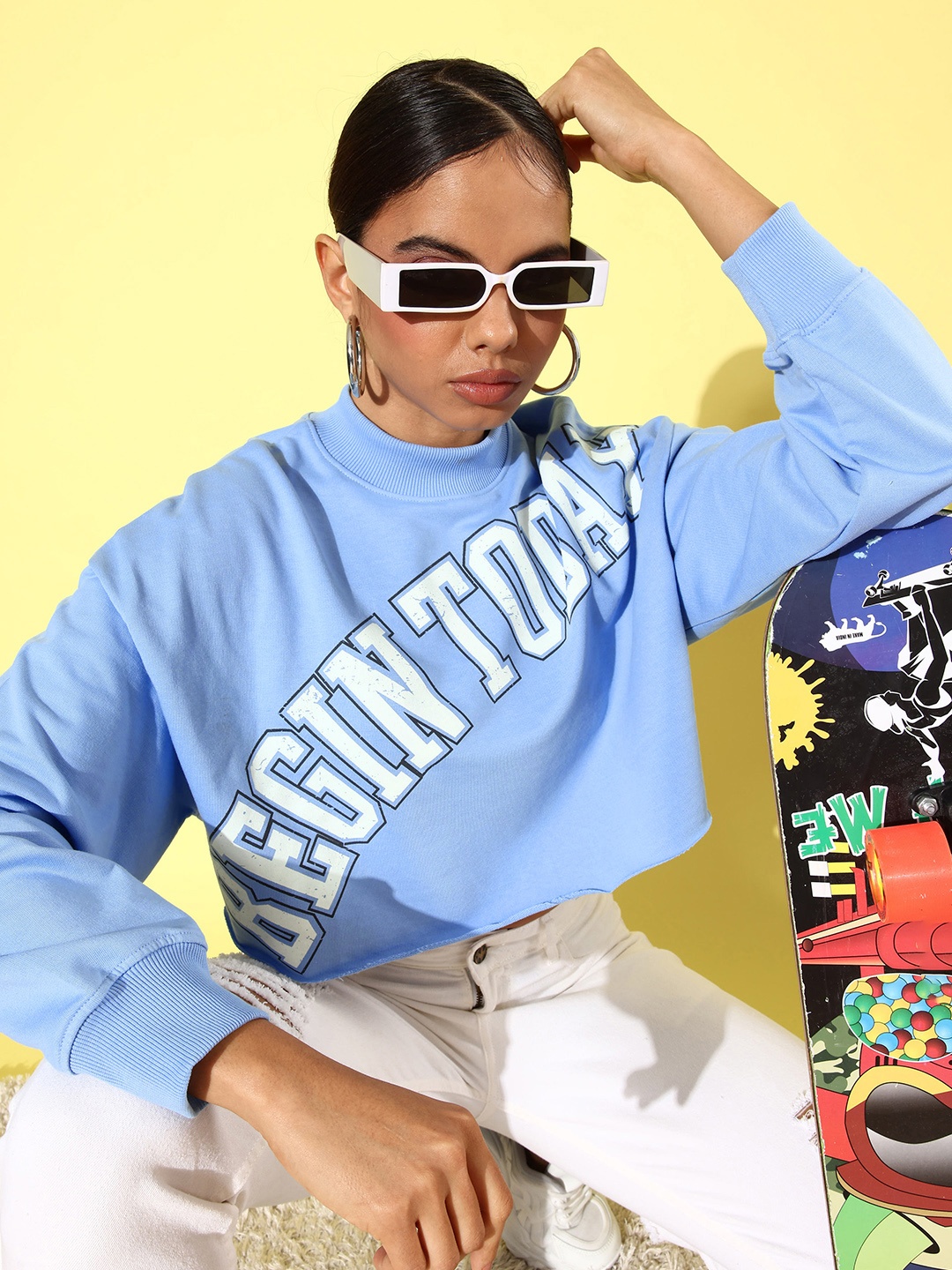 

The Roadster Lifestyle Co. Women Printed Hooded Sweatshirt, Blue