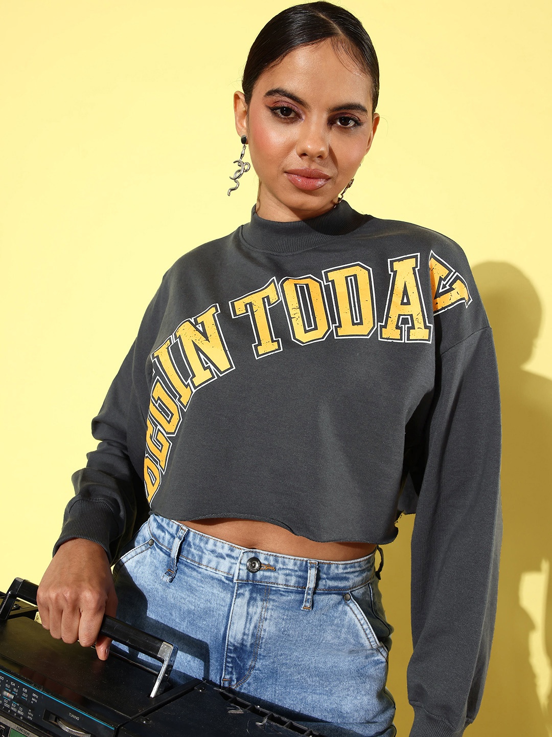 

The Roadster Life Co. Printed Crop Sweatshirt, Grey