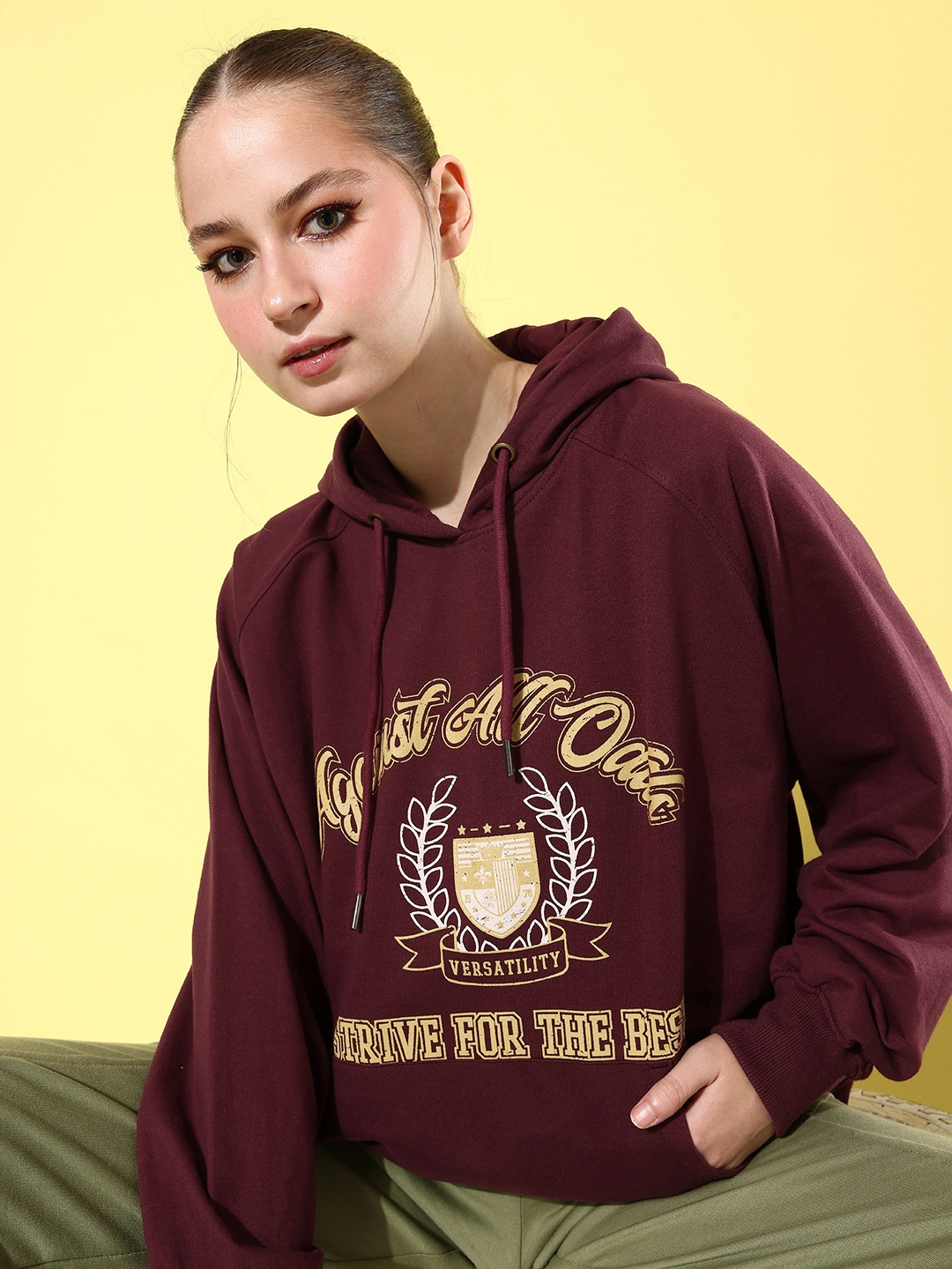 

The Roadster Life Co. Printed Hello Monsoon-Anti Fits/ Oversized Hooded Sweatshirt, Maroon