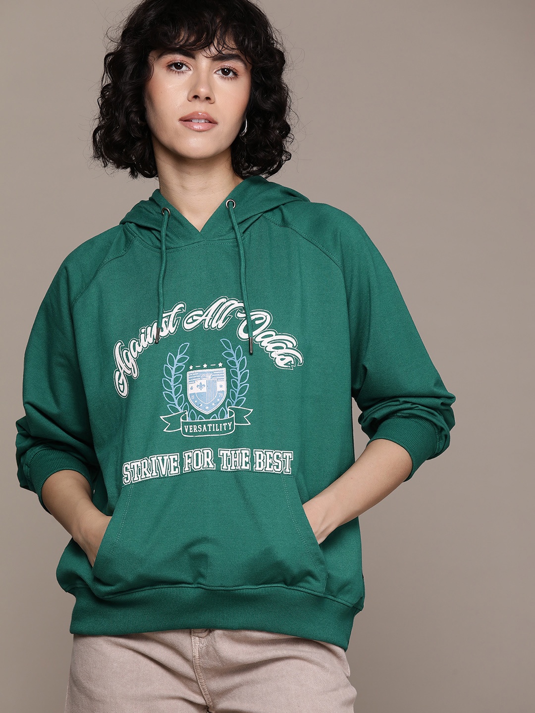

The Roadster Lifestyle Co. Women Printed Hooded Sweatshirt, Green