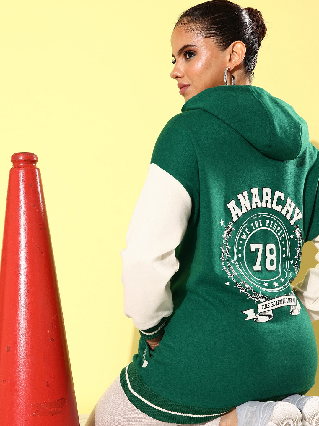 

The Roadster Life Co. November-Winter Discotheque-Very Varsity Printed Hooded Sweatshirt, Green