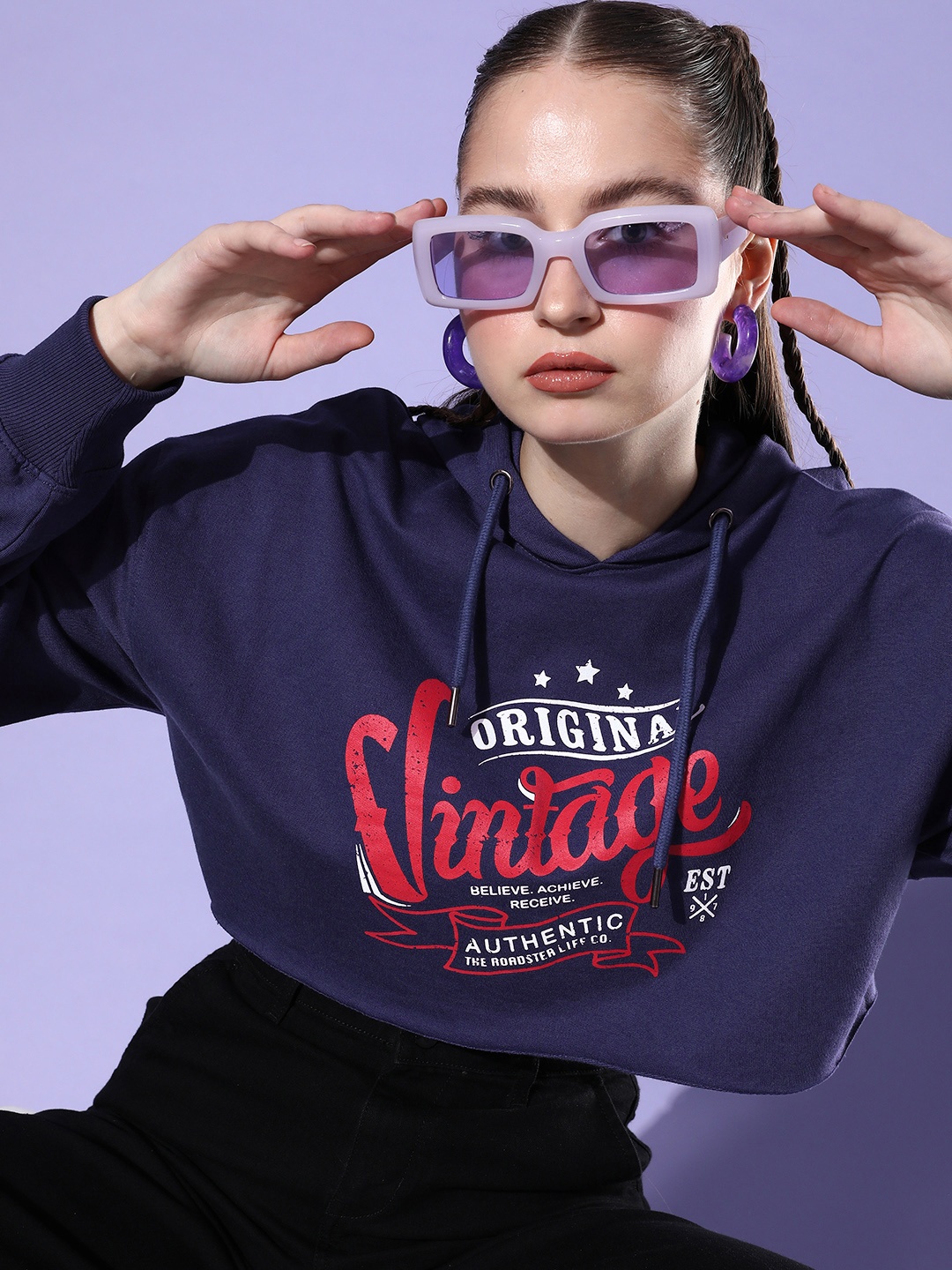 

The Roadster Life Co. Printed Winter Discotheque-Very Varsity Crop Hooded Sweatshirt, Purple