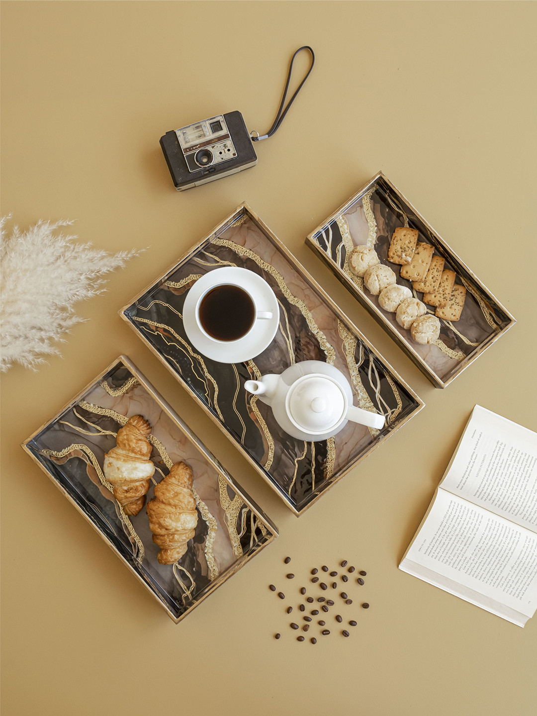

Clasiko 3-Pieces Brown & Beige Printed Wooden Serving Trays