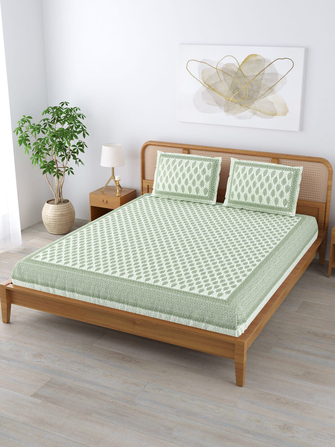 

Clasiko White & Green Ethnic Motifs Cotton 210 TC King Bedsheet With 2 Pillow Covers
