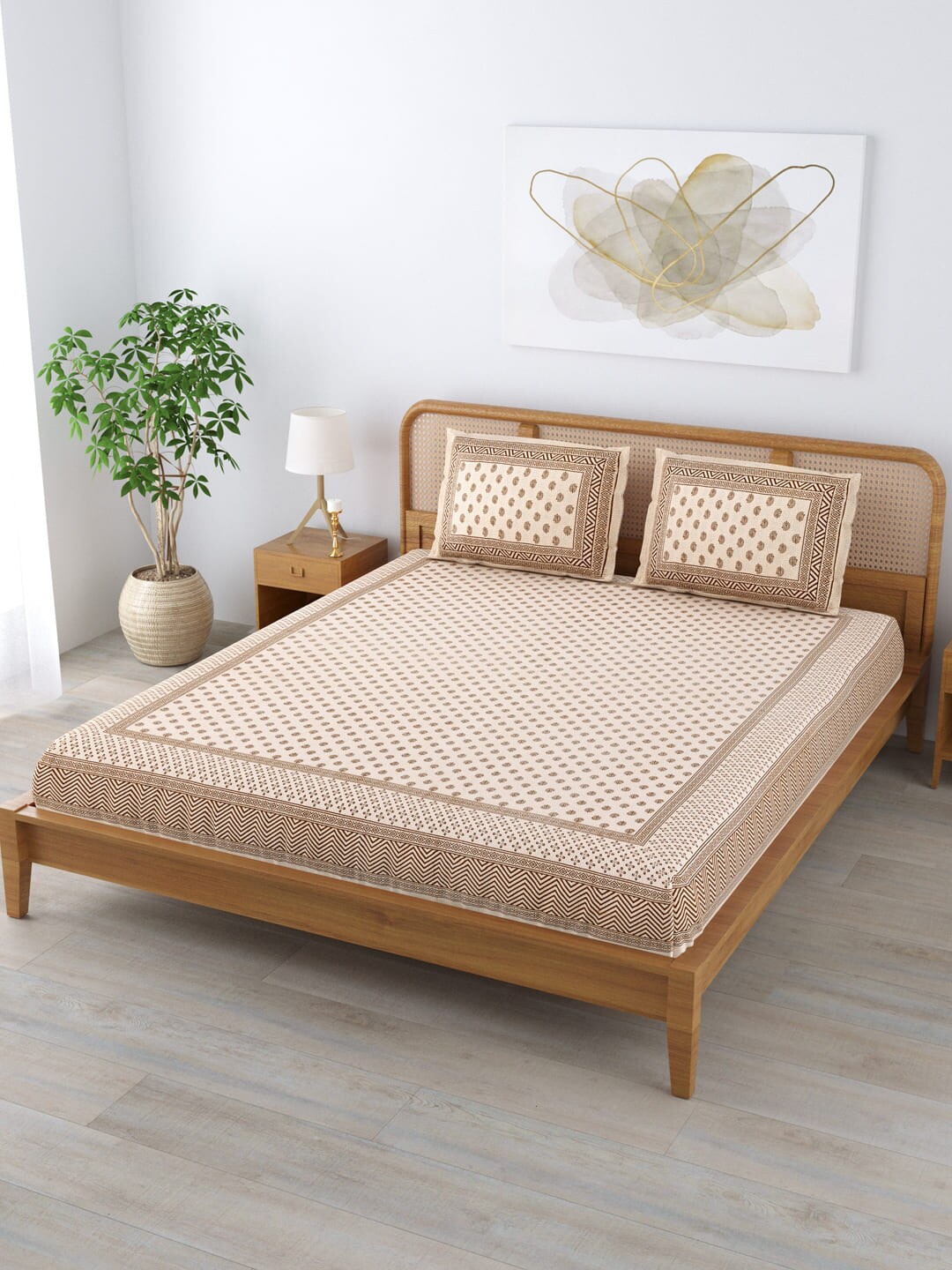 

Clasiko Brown & Beige Ethnic Motifs Cotton 210 TC King Bedsheet With 2 Pillow Covers
