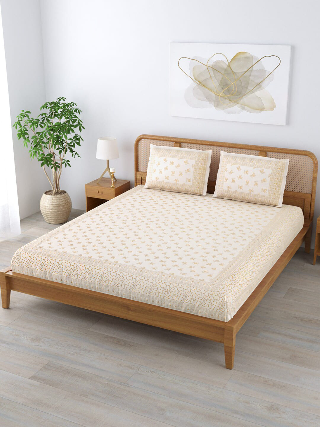 

Clasiko Cream & Gold-Toned Floral Cotton 250 TC King Bedsheet With 2 Pillow Covers