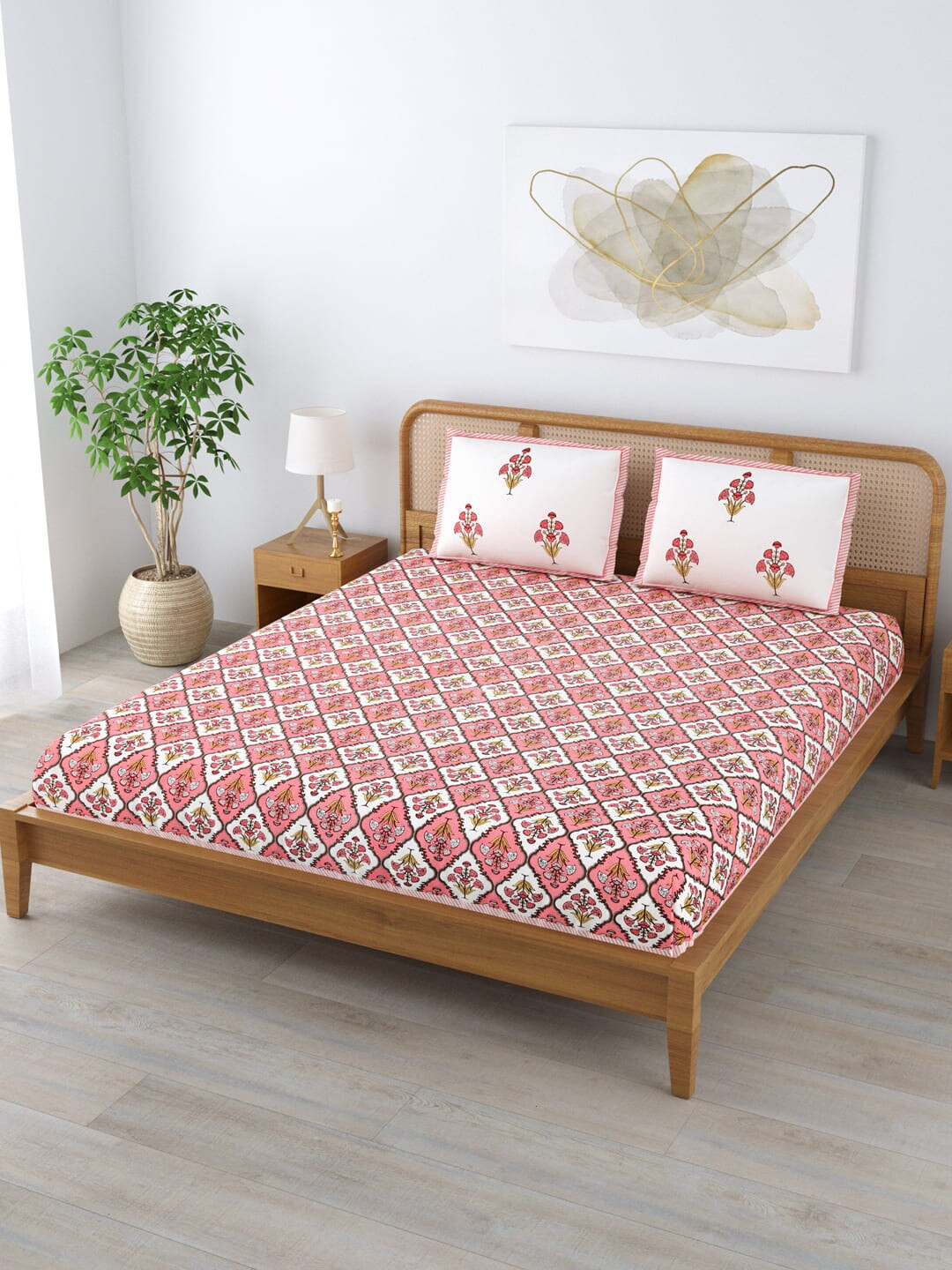 

Clasiko White & Pink Floral Cotton 210 TC King Bedsheet With 2 Pillow Covers