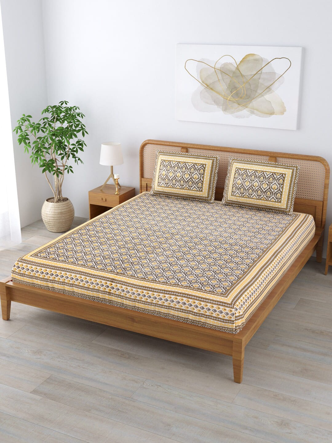 

Clasiko Brown & Yellow Ethnic Motifs Cotton 210 TC King Bedsheet With 2 Pillow Covers