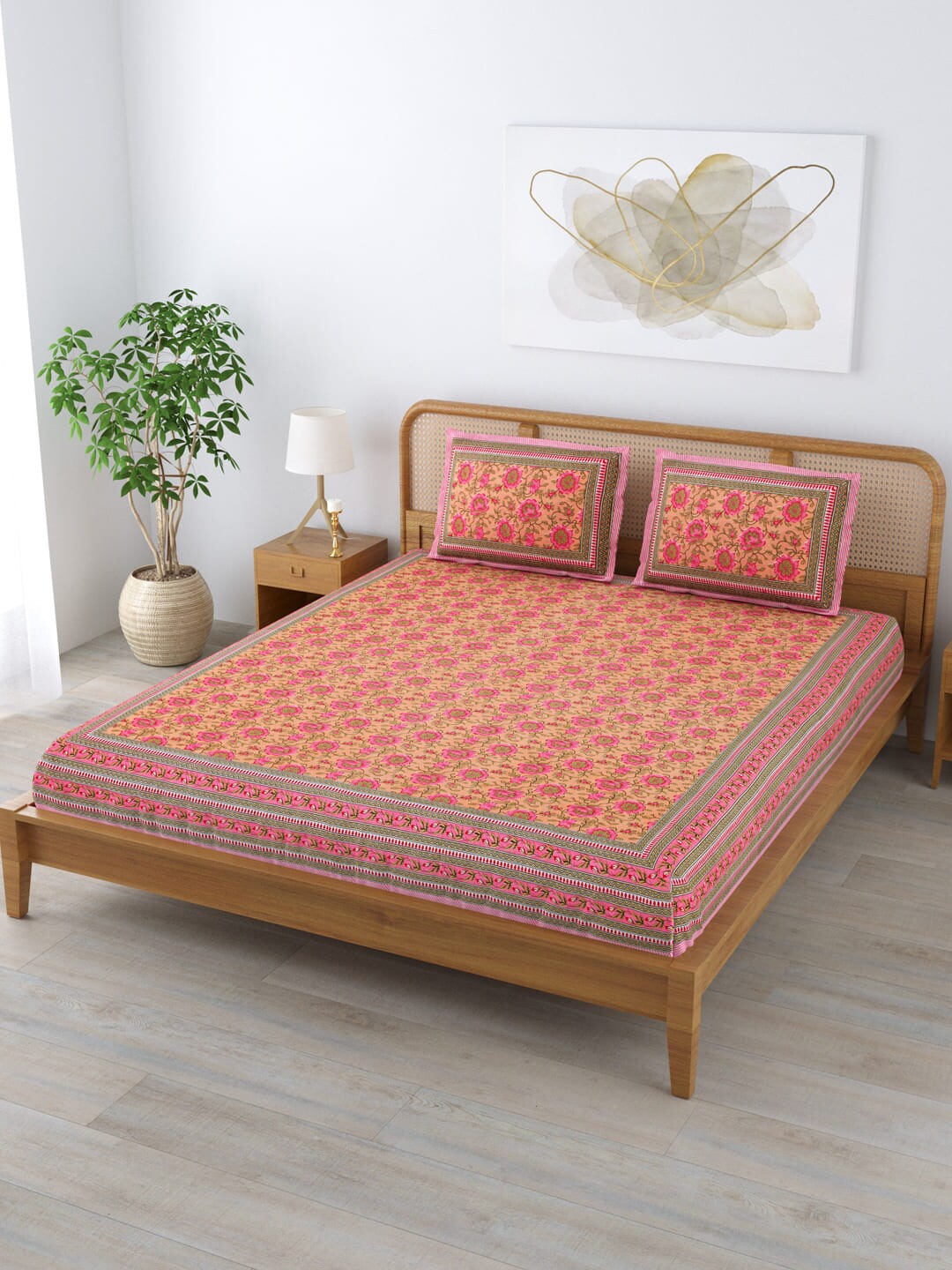 

Clasiko Orange & Pink Floral 210 TC Cotton King Bedsheet With 2 Pillow Covers