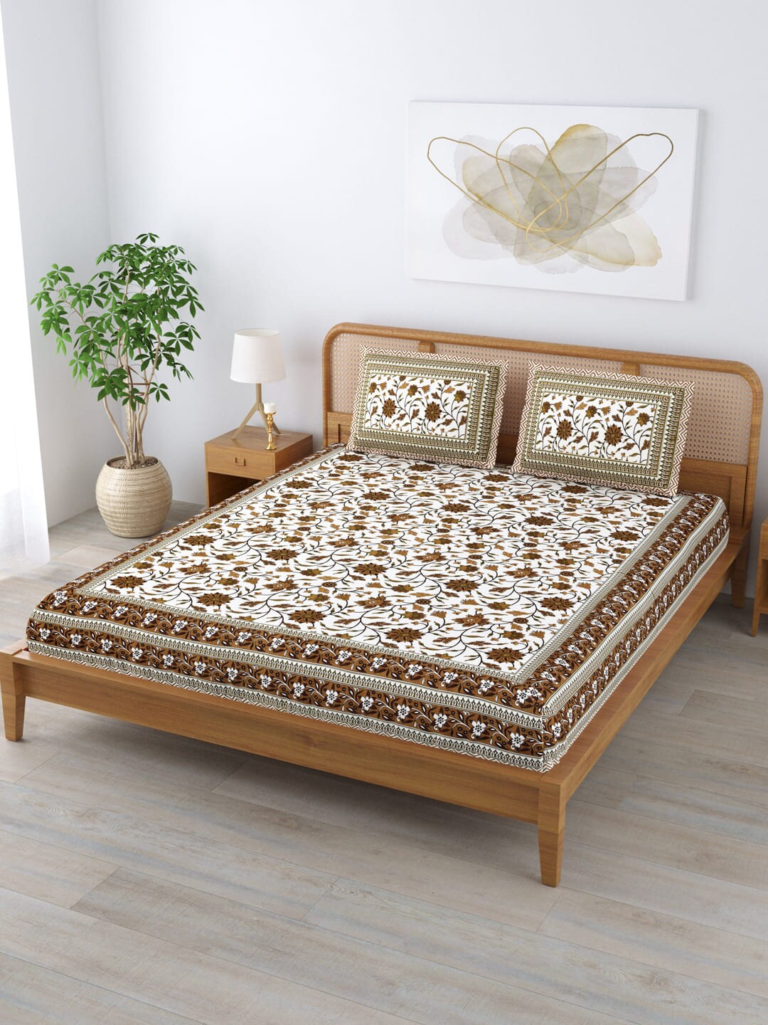 

Clasiko White & Brown Floral Cotton 210 TC King Bedsheet With 2 Pillow Covers