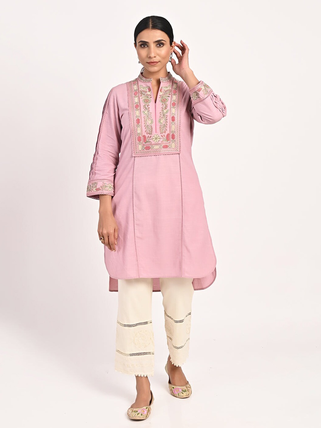 

Lakshita Floral Yoke Embroidered Mandarin Collar Tunic, Pink