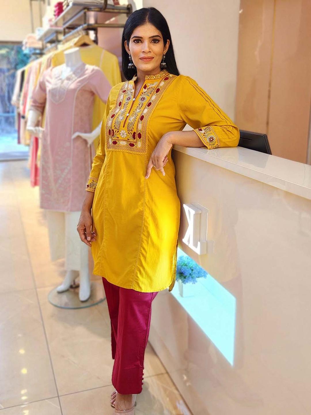 

Lakshita Ethnic Motif Yoke Design Mandarin Collar Pure Cotton Kurta, Mustard