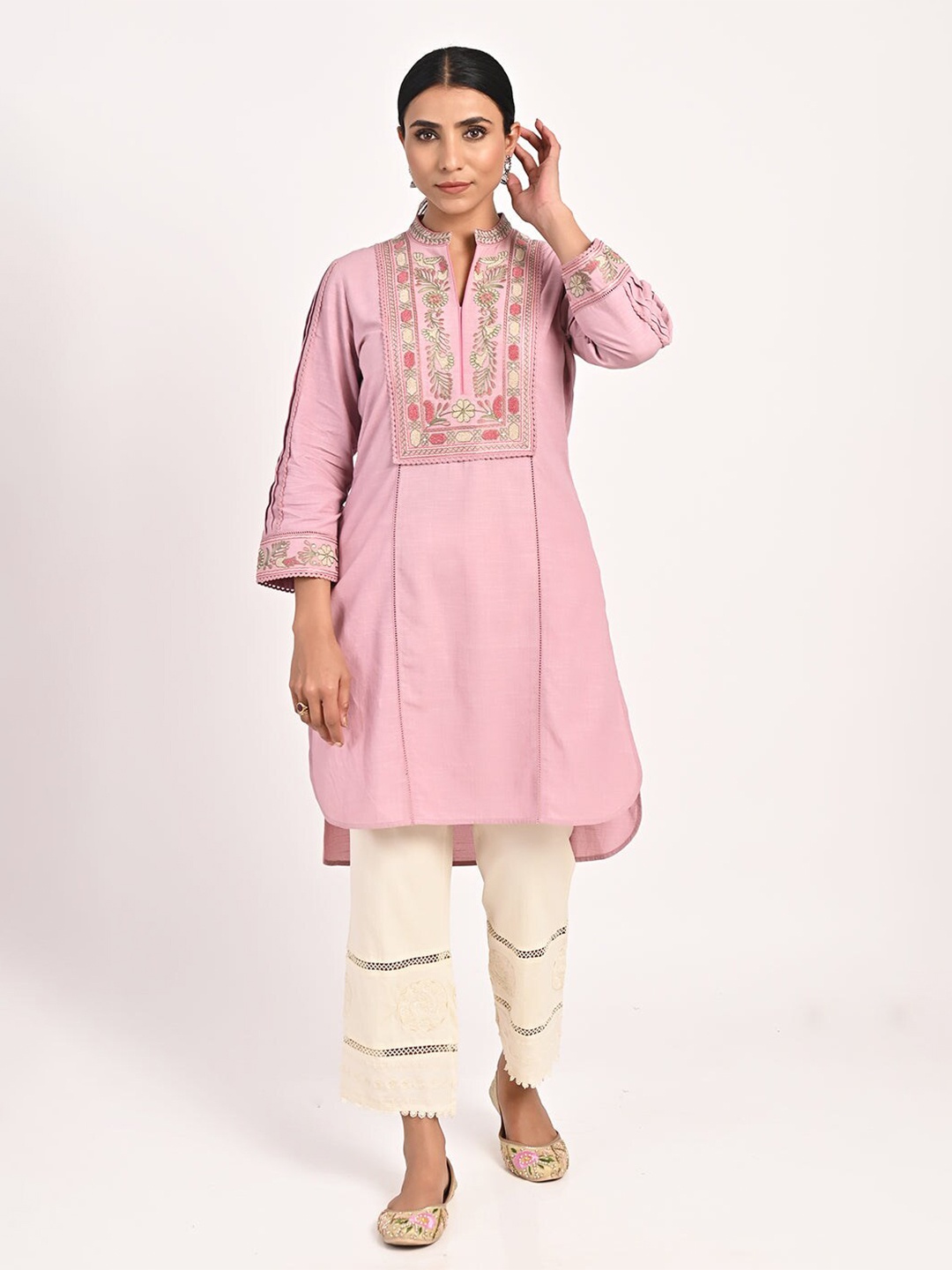 

Lakshita Ethnic Motif Yoke Design Mandarin Collar Thread Work Kurta, Pink