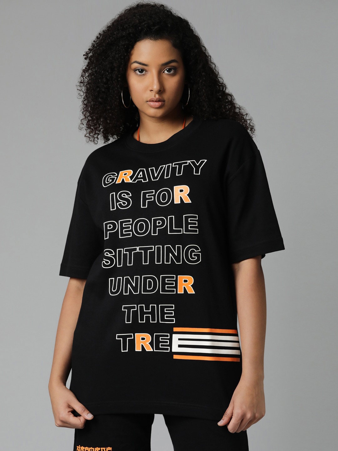 

Breakbounce Black Typography Printed Drop Shoulders Sleeves Cotton Oversized T-shirt