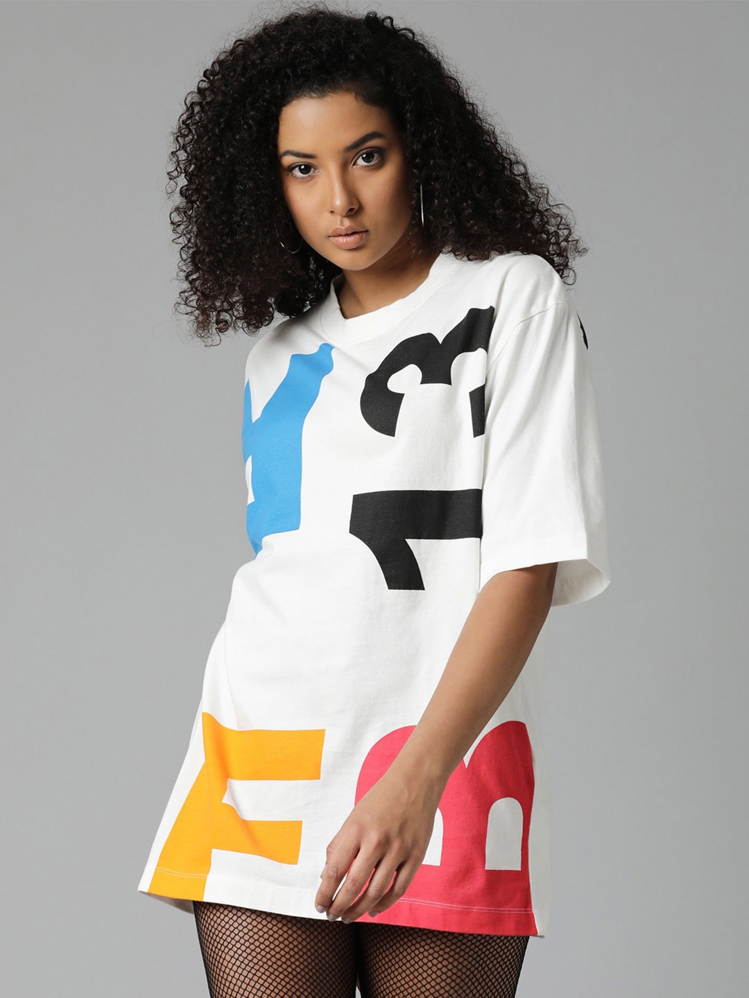 

Breakbounce White & black Typography Printed Longline Cotton T-shirt