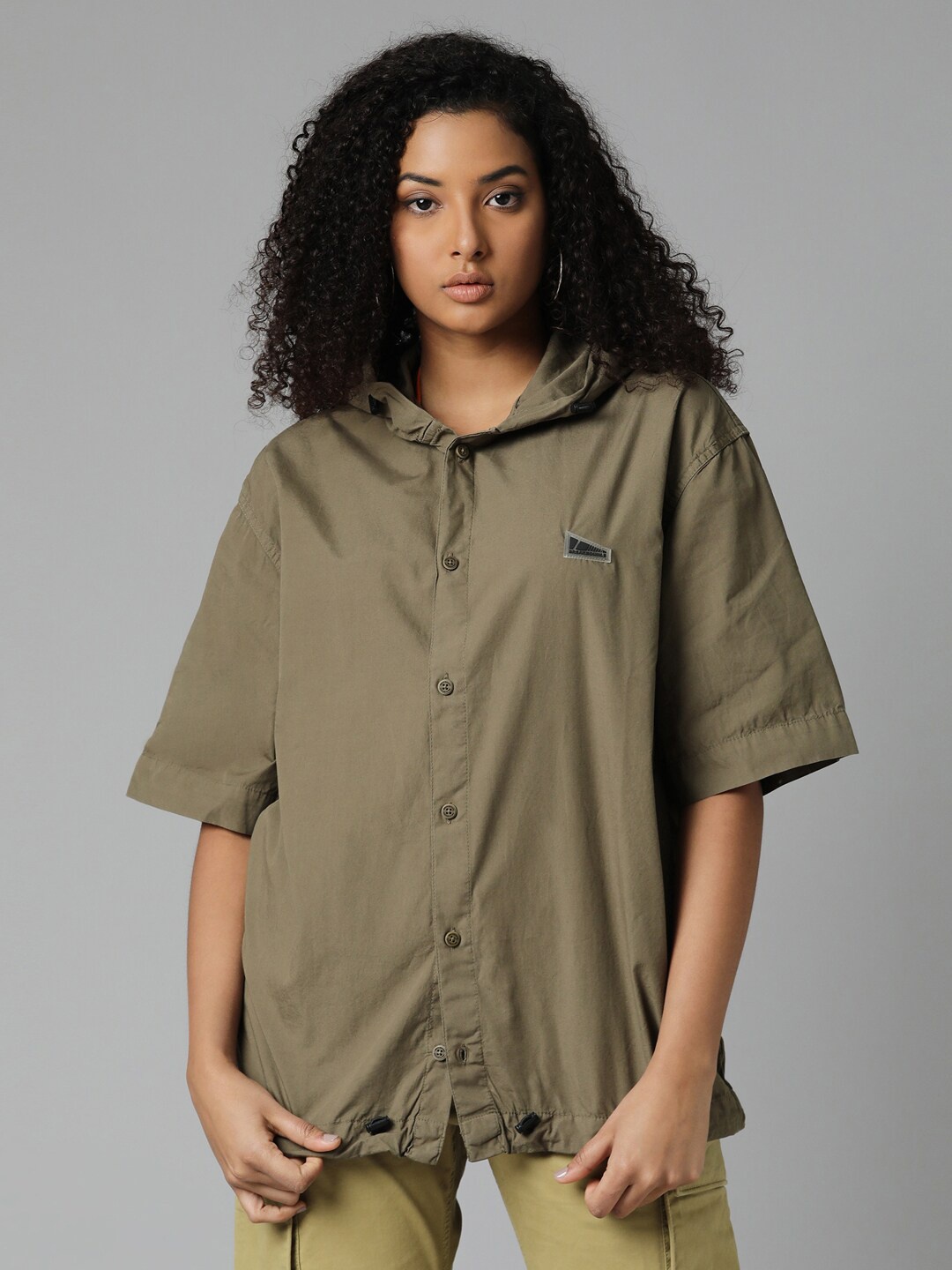

Breakbounce Women Olive Green Classic Casual Cotton Hooded Shirt