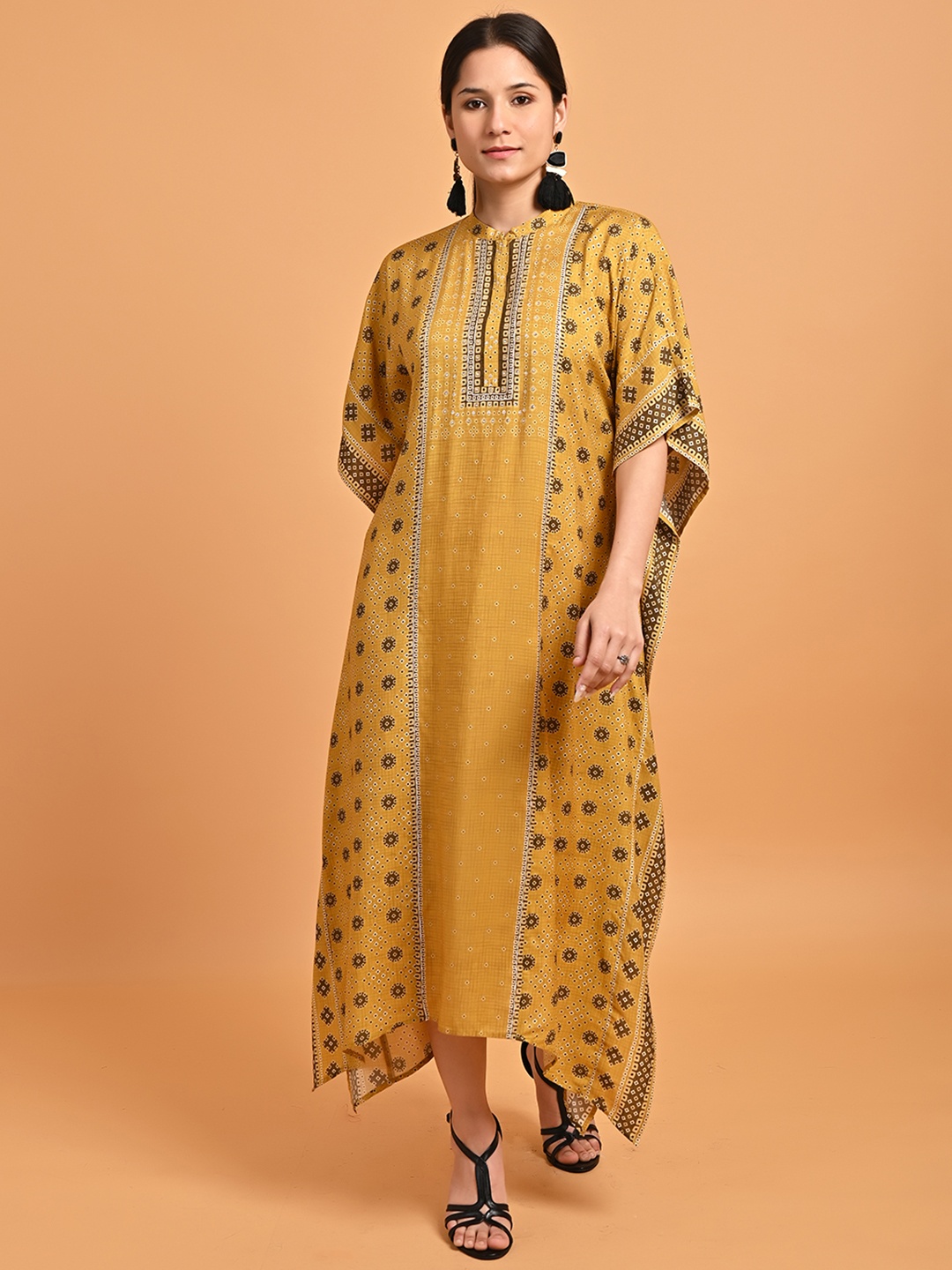 

Lakshita Ethnic Motif Printed Mandarin Collar Cotton Kaftan Dress, Mustard