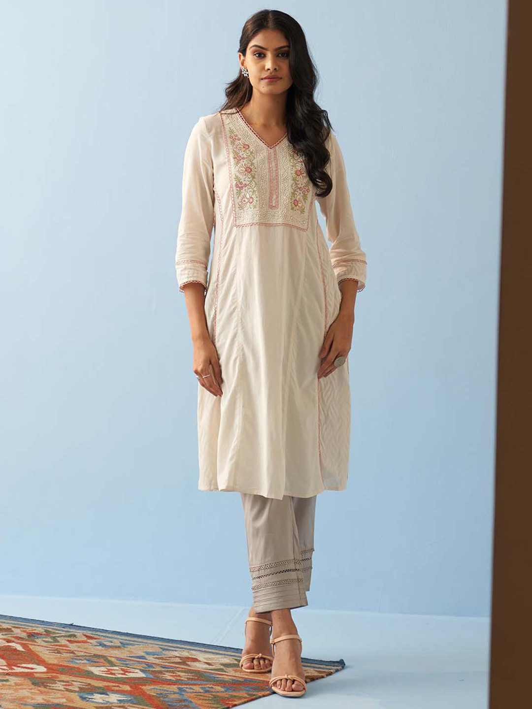 

Lakshita Floral Yoke Design V Neck Thread Work A-Line Pure Cotton Kurta, Off white