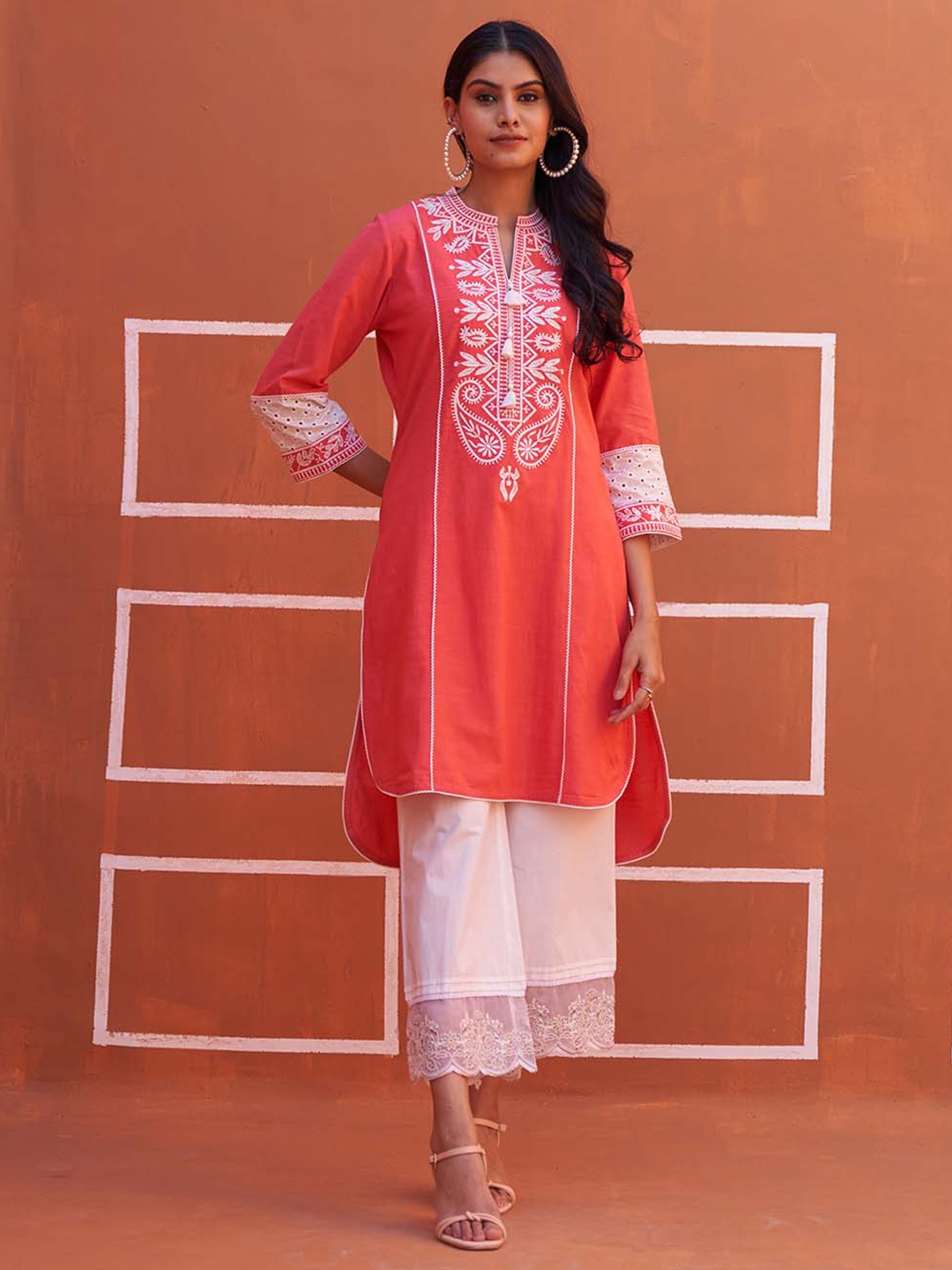 

Lakshita Ethnic Motif Yoke Design Mandarin Collar Thread Work Pure Cotton Kurta, Peach