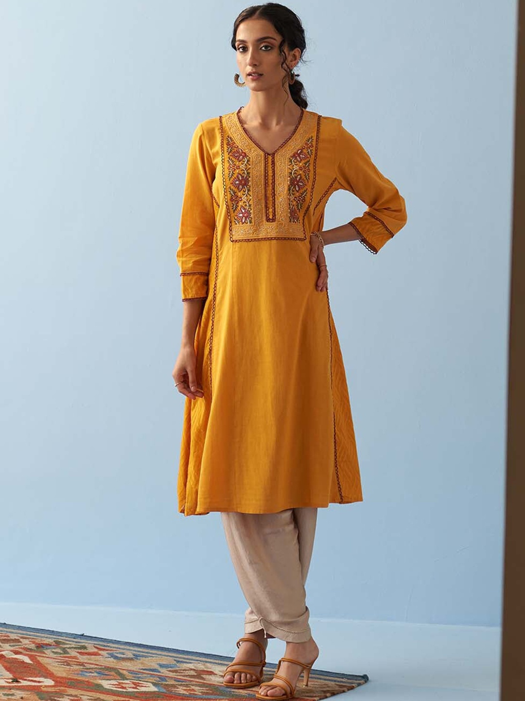 Lakshita Floral Yoke Design V Neck Sequinned A-Line Pure Cotton Kurta, Yellow