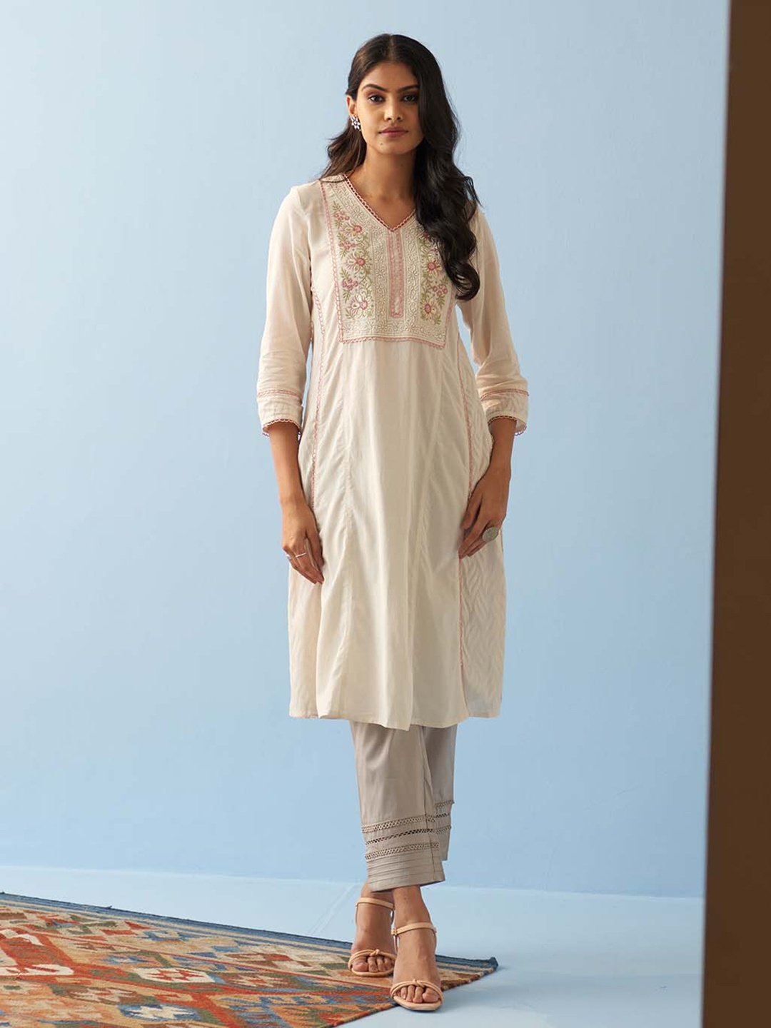 

Lakshita Floral Yoke Design Thread Work Pure Cotton A-Line Kurta, Off white