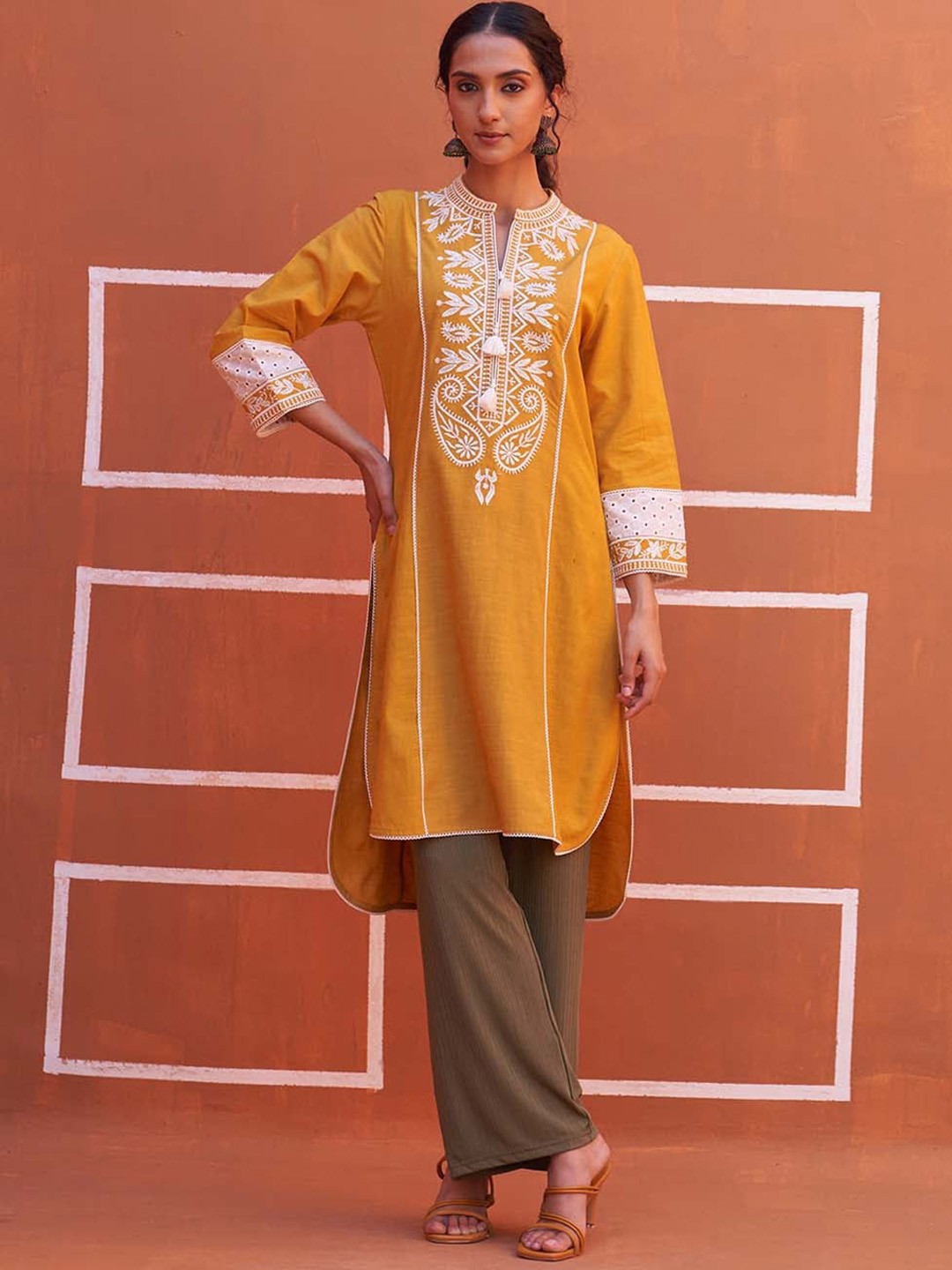 

Lakshita Ethnic Motif Yoke Design Mandarin Collar Thread Work Pure Cotton Kurta, Yellow