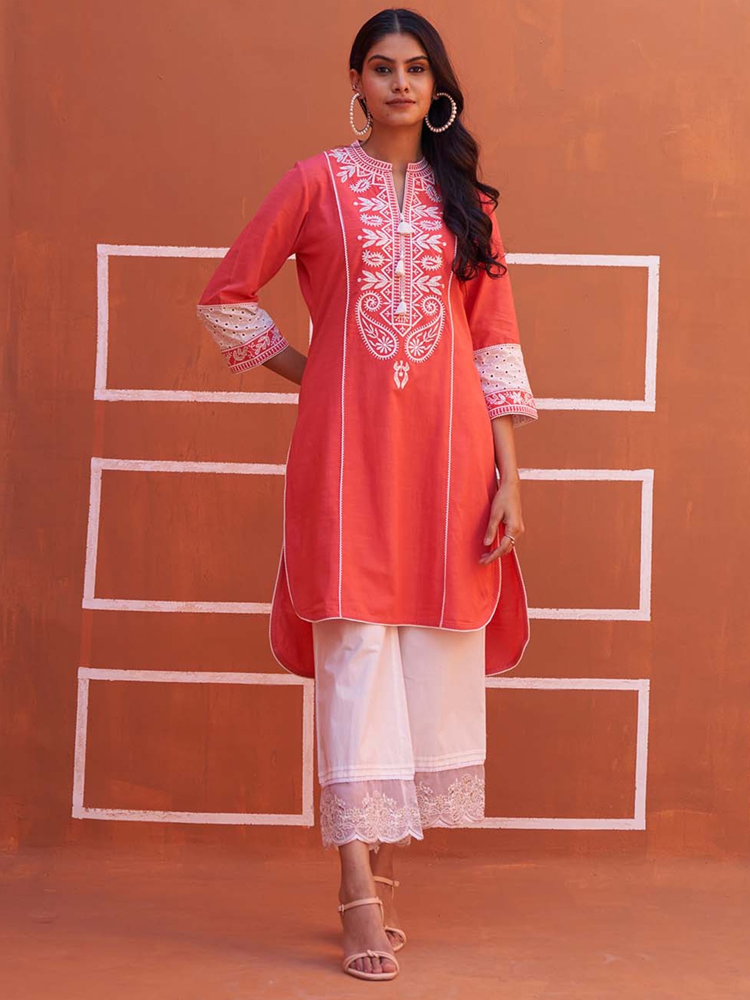 

Lakshita Ethnic Motif Yoke Design Mandarin Collar Thread Work Pure Cotton Kurta, Peach