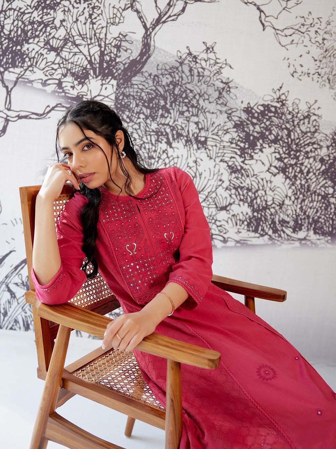 

Lakshita Floral Embroidered Mirror Work A-Line Cotton Kurta, Red