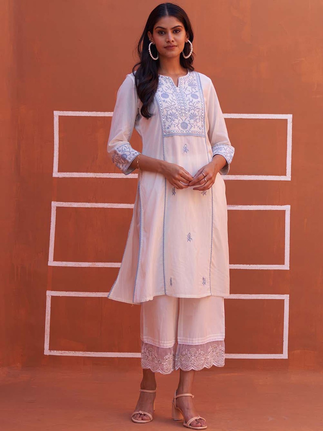 

Lakshita Floral Embroidered Mirror Work A-Line Cotton Kurta, White