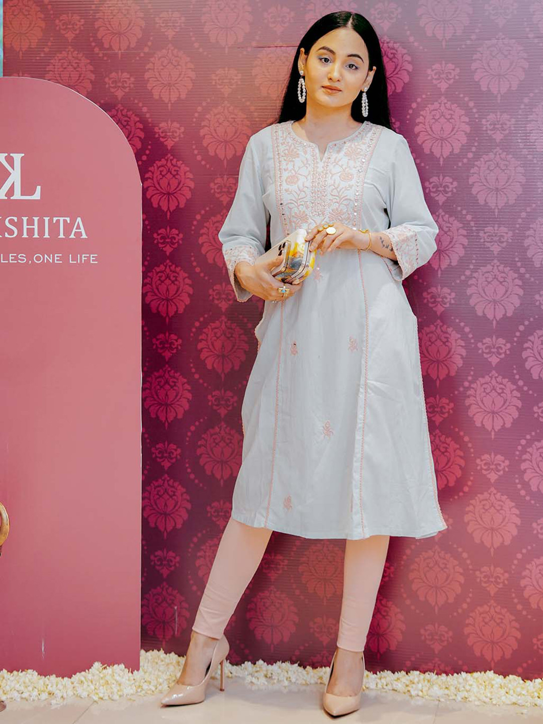 

Lakshita Floral Embroidered Mirror Work A-Line Cotton Kurta, White