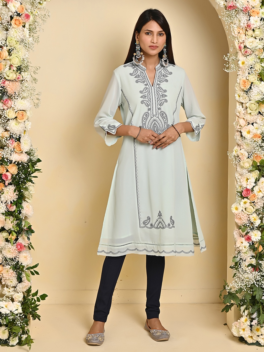 

Lakshita Ethnic Motifs Embroidered Sequined A-Line Georgette Kurta, Blue