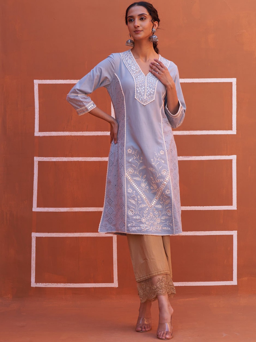

Lakshita Floral Embroidered Mirror Work Straight Cotton Kurta, Blue