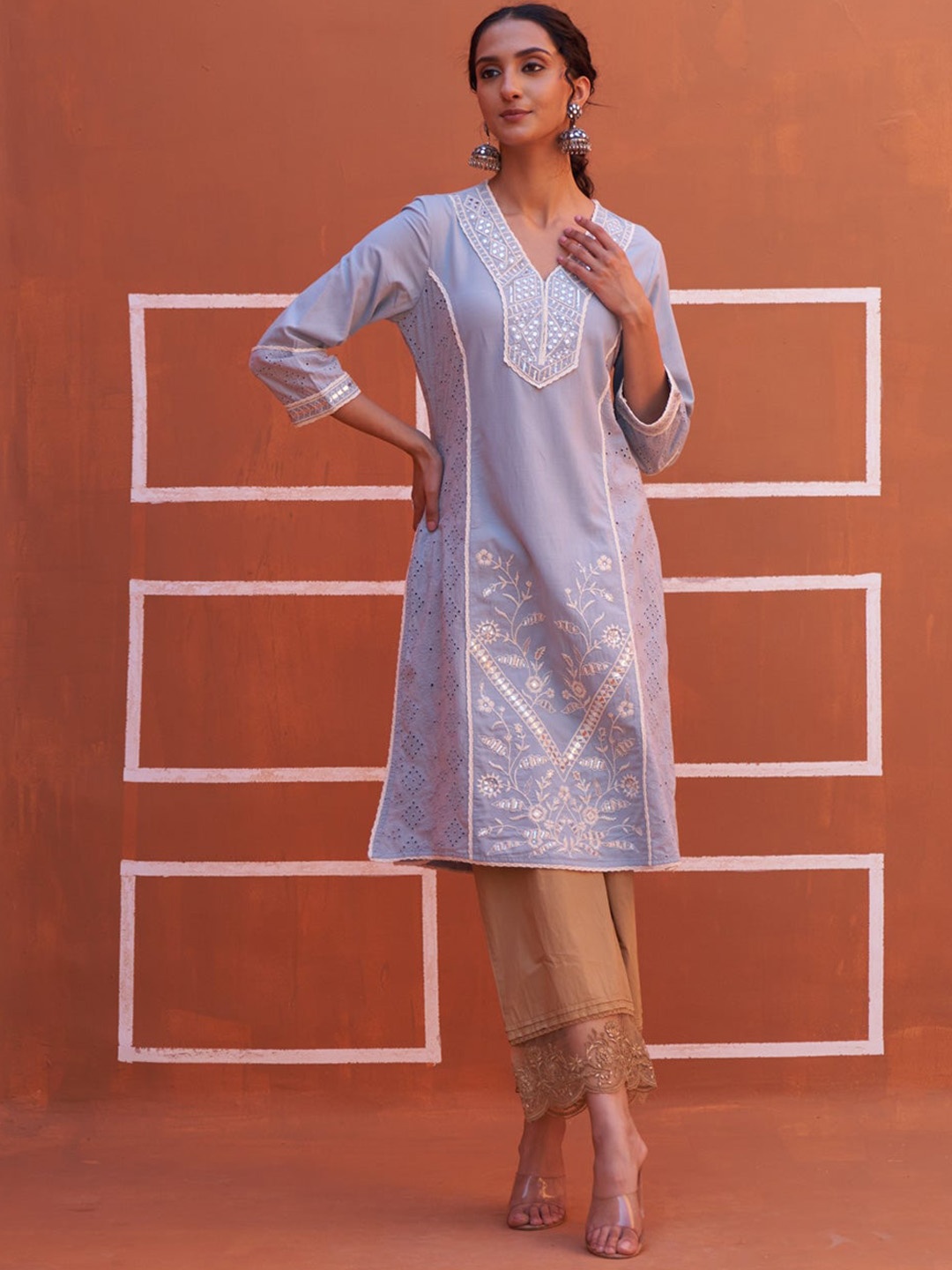 

Lakshita Floral Embroidered Mirror Work Straight Cotton Kurta, Blue