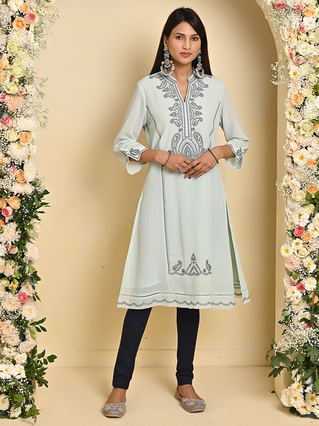 

Lakshita Ethnic Motifs Embroidered Sequined A-Line Georgette Kurta, Blue