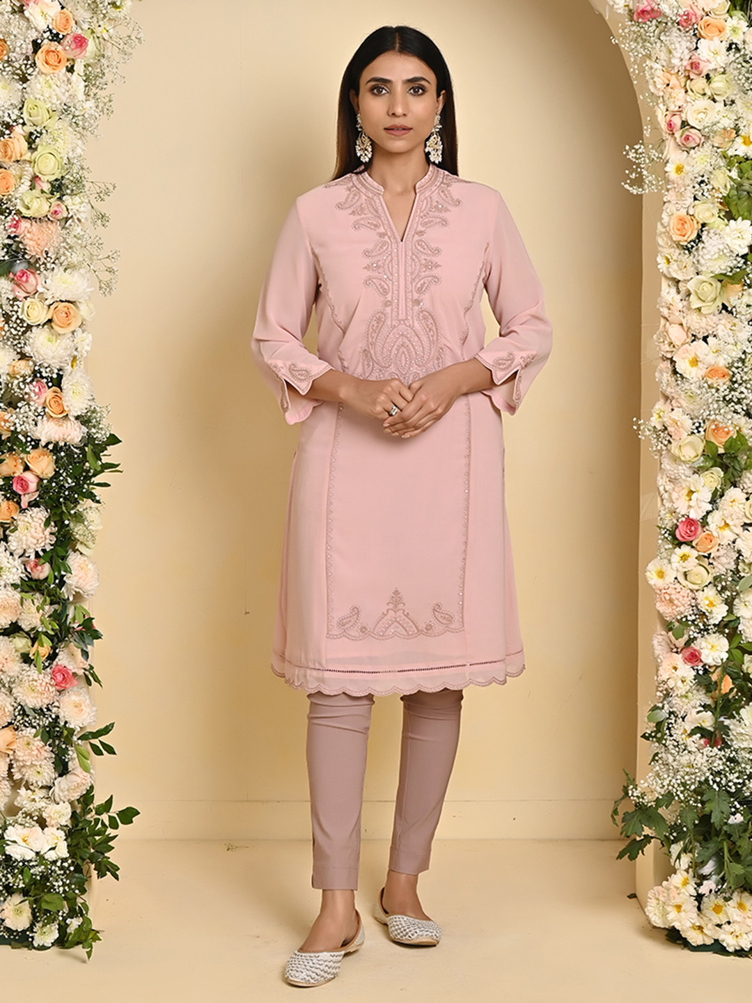 

Lakshita Ethnic Motifs Embroidered Sequined A-Line Georgette Kurta, Pink