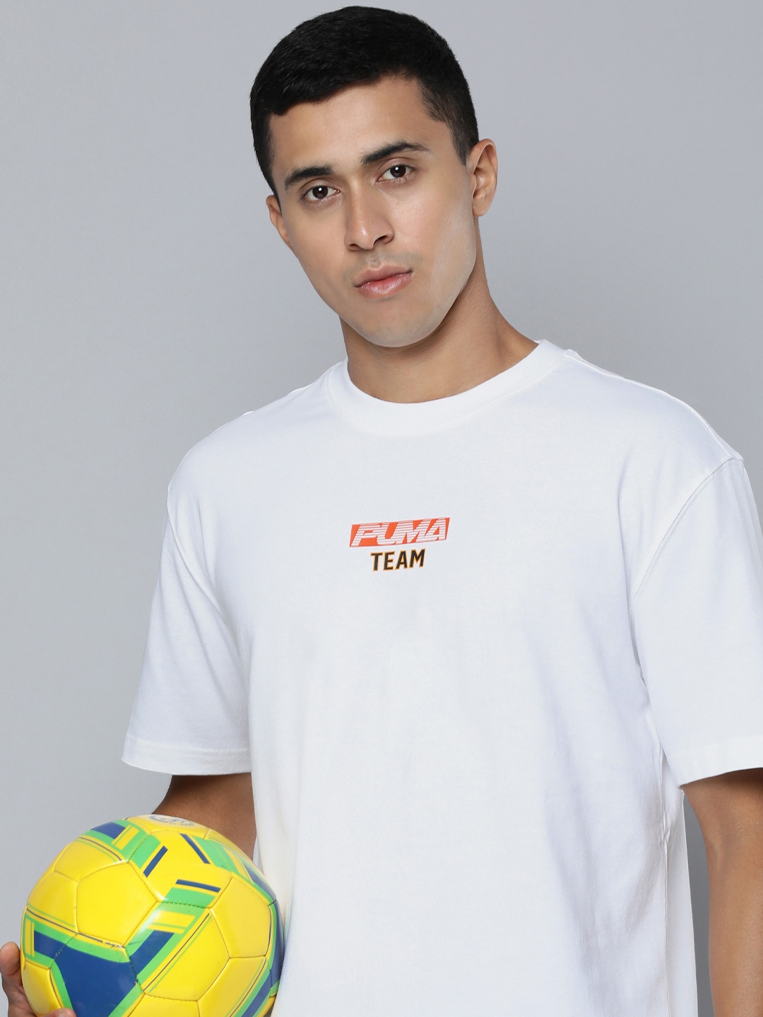 

Puma Men Uptown Brand Logo Graphic Print Knitted Pure Cotton Relaxed Fit T-Shirt, White