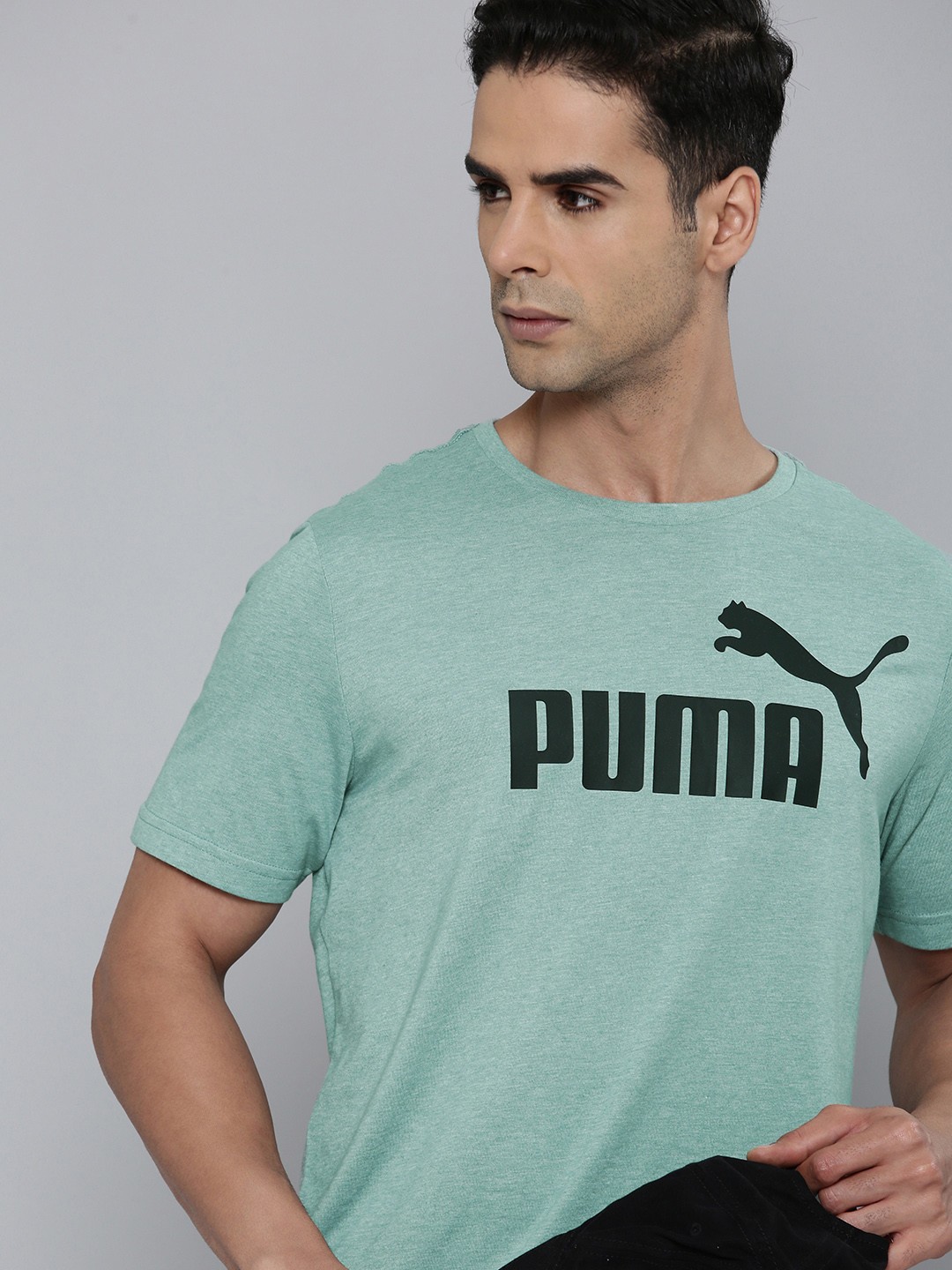 

Puma Men Pure Cotton Brand Logo Printed ESS Heather Regular Fit Outdoor T-shirt, Green