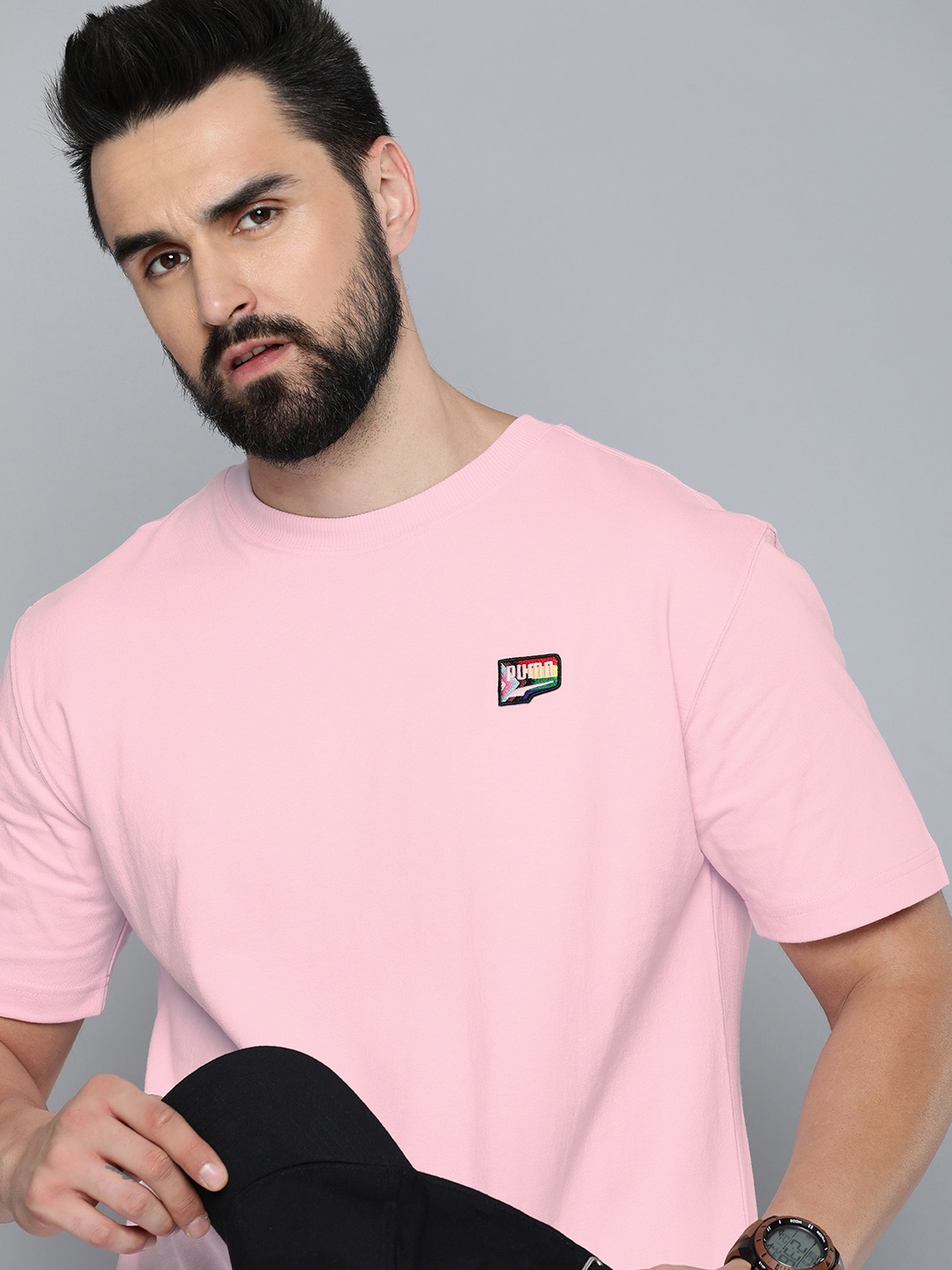 

Puma Downtown Pride Drop-Shoulder Sleeves Relaxed Fit Pure Cotton Unisex T-shirt, Pink